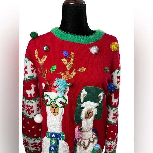 Hooked Up Ugly Christmas Sweater Red with Llama Design POM POM & jingle bells - Picture 5 of 13